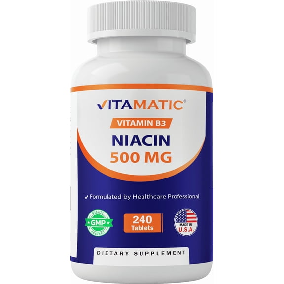 Vitamatic Niacin (Vitamin B3) 500mg, Sustained Release, 240 Tablets - Non-GMO & Gluten Free