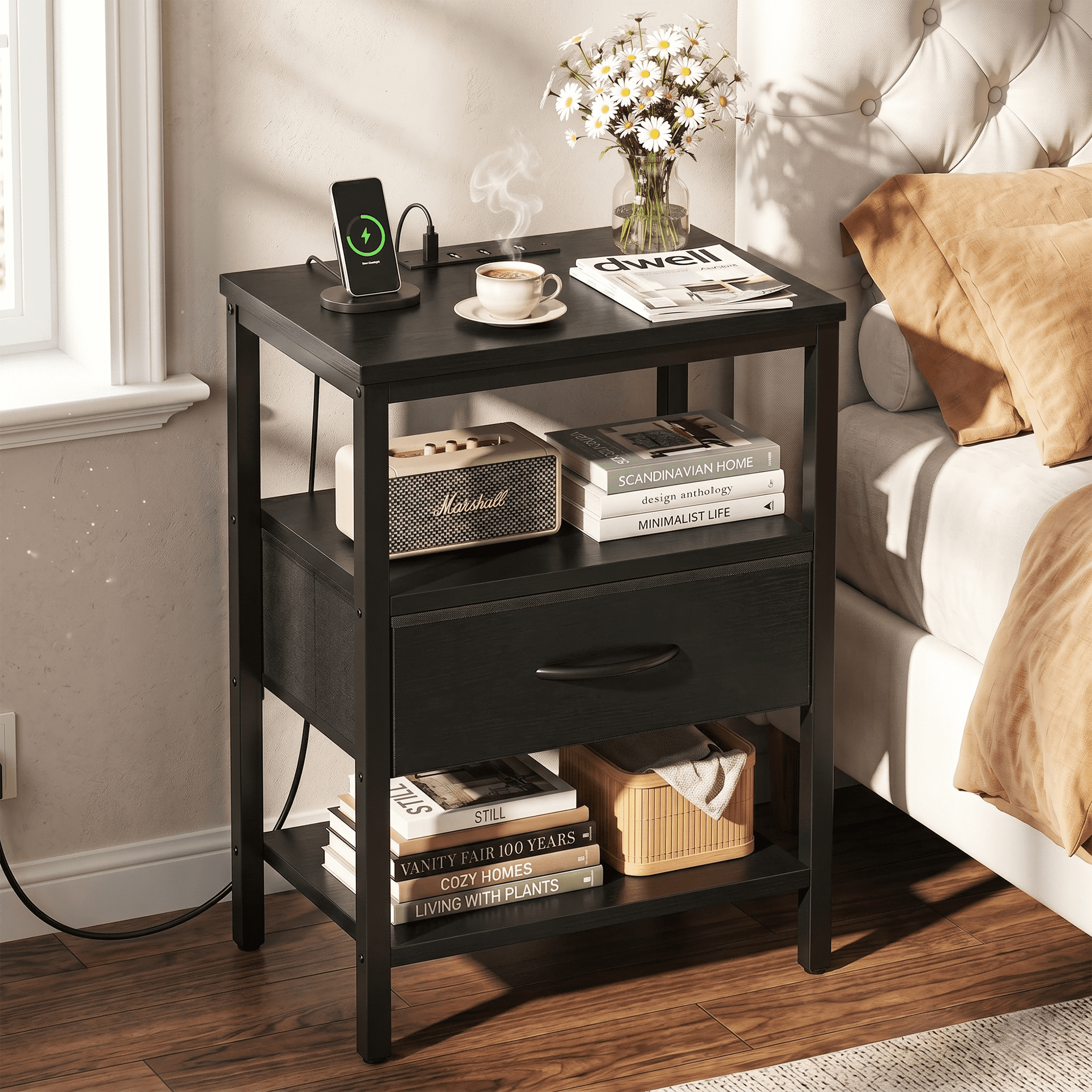 LIFERECORD Night Stand with Fabric Drawer, Nightstand with Charging Station, End Tables with Storage Shelf for Small Spaces, Bedside Table Side Tables for Bedroom, Black