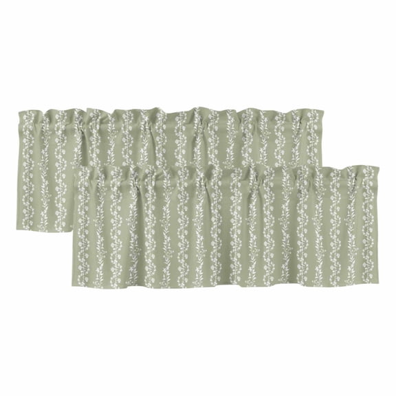 2 Pack Valances for Window, Sage Green Spring Leaves Short Curtains for Kitchen Bedroom Living Room, Pastoral Botanical Striped Flowers Rod Pocket Small Window Treatment Valance Drapes 42 x 18 Inch