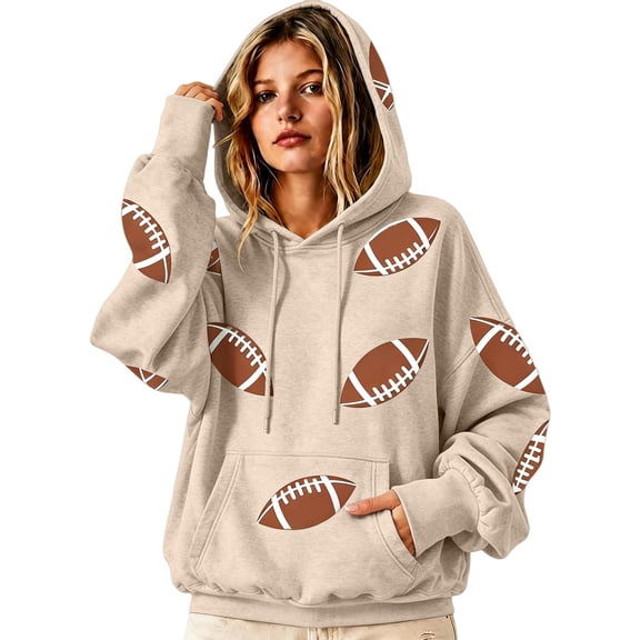 NMMUED Game Day Hooded Sweatshirt Women Graphic Hoodies Funny Football Graphic Shirt Game Day Pullover Hoodies Long Sleeve Beige L