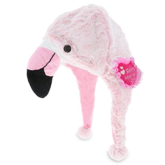 DolliBu Happy Mother's Day Super Soft Flamingo Plush Hat - Cute Stuffed Animal Hat with Pink Heart Message for Best Mommy, Grandma, Wife, Daughter - Cute Wild Life Plush Toy Gift - 16" Inches