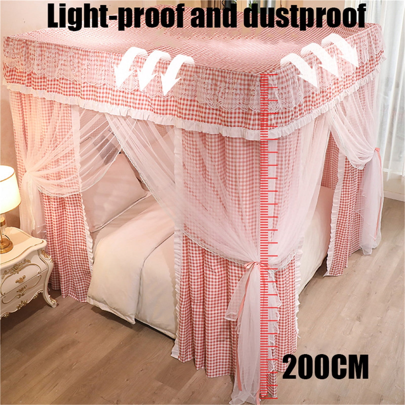 Four Poster Bed Canopy with Blackout Curtain & Double Layer Mosquito Net, Bedroom Decor, Dustproof Windproof Bed Screen with Stable Bracket