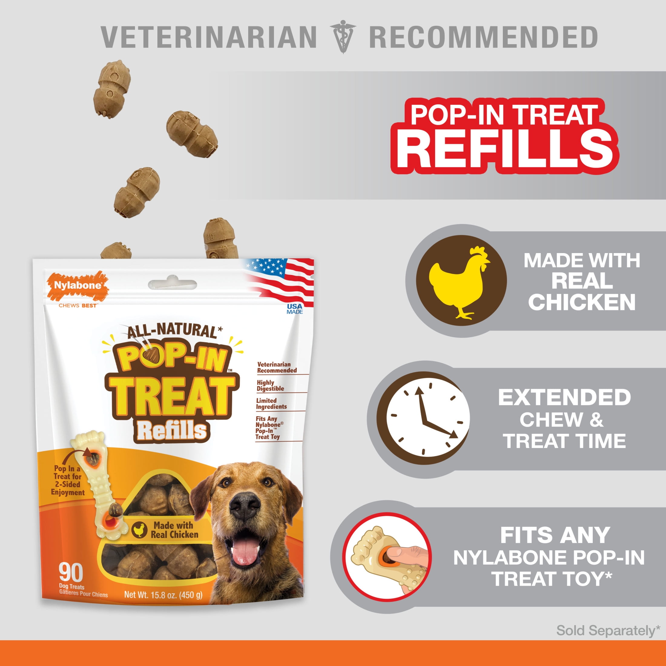 Nylabone Pop-In Treat Toy Dog Treat Refills, Natural Dog Biscuits, Chicken Flavor, 90 Count