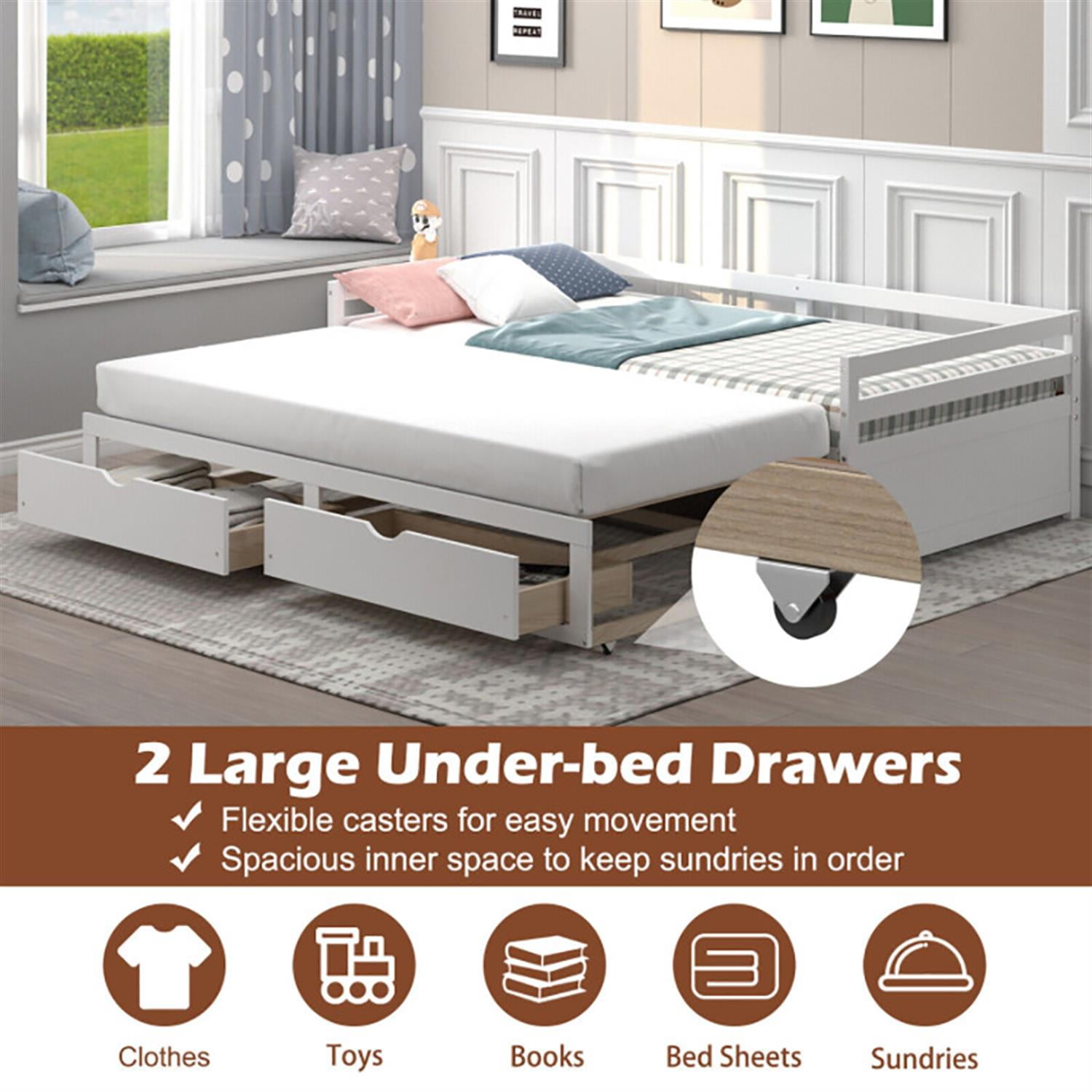 Demi Bonn Extendable Twin to King Daybed with Trundle and 2 Storage Drawers, Modern Bed Frame for Teens, Brown