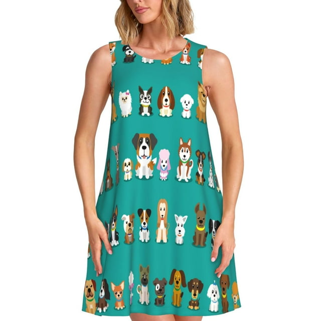 Fotbe Cartoon Dogs Vestido de Verano sin Mangas para Mujer – Vestido Midi Línea A, Estilo Camiseta Floral, Vestido Playero Casual y Fluido