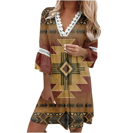

YanHoo Women s Summer Dresses Trendy Vintage Print 3/4 Sleeve Lace Stitching Dress Casual Loose Holiday Mini Dress