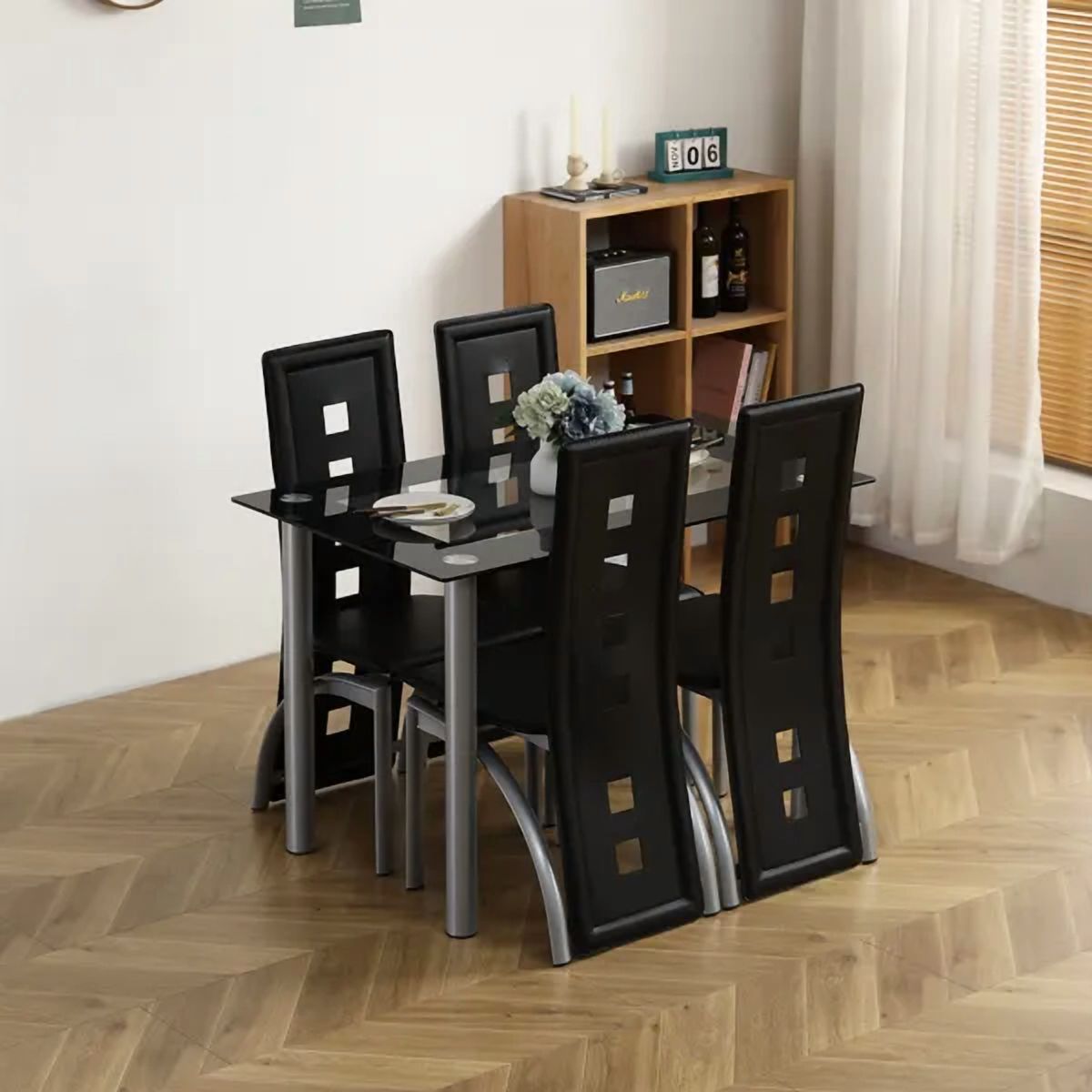 5-Piece Dining Table Set with Tempered Glass Top and 4 Chairs – Black & Silver Modern Kitchen Dining Furniture