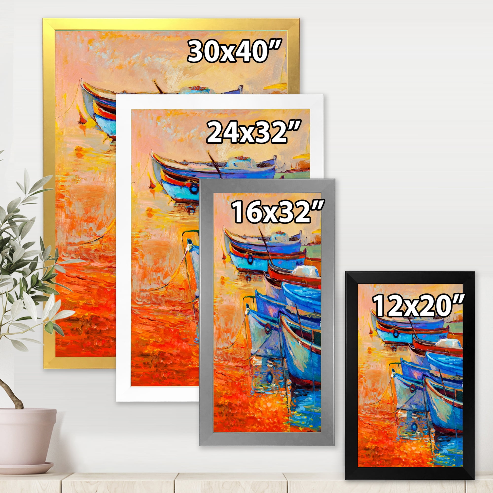 Designart 'Boats During Warm Sunset Resting On The Water VIII' Nautical & Coastal Framed Art Print