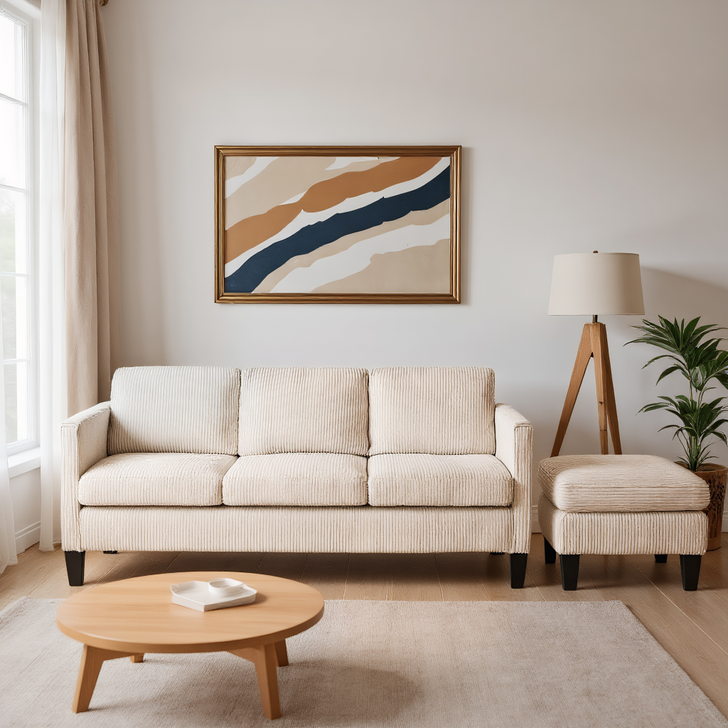 L-Shaped Sectional Couch 88 inch Corduroy 3-Seater Sofa with Reversible Chaise for Small Space Apartment Dorm Living Room Modern Off White