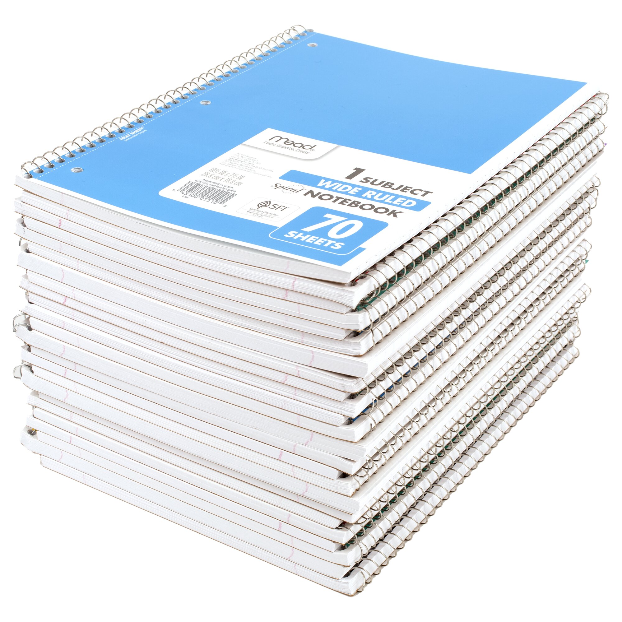 Mead Spiral Notebook, 1 Subject, Wide Ruled, 10.5" x 7.5", 70 Sheets, 24 Pack, Assorted