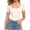 thumbnail image 4 of WULMLEO Square Neck Bodysuit for Women Short Sleeve Ribbed Casual Tops for Summer Layering Beige M, 4 of 5