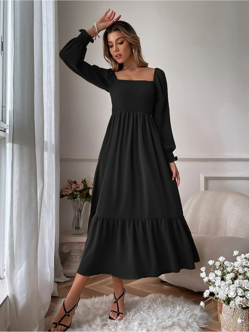 Women's Shirred Long Sleeve Boho Dress A Line Ruffle Swing Midi Dress,  Black, Large - Walmart.com
