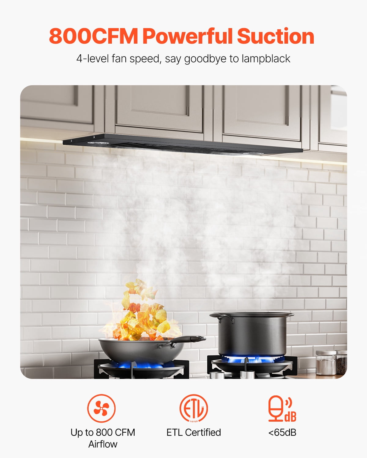 KFFKFF Kitchen Hood Insert, 30 Inch Integrated Ventilation System, 800CFM Stainless Steel Cooker Hood, Featuring Motion & Touch Operation, LED Illumination, Baffle Filters, Quad-Speed Exhaust Fan