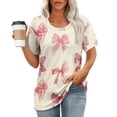 thumbnail image 4 of NTACZA Women Blouses Plus Short Sleeve Pink Crew Neck Pullover Bow Print T-Shirts Ladies Shirts XL, 4 of 7