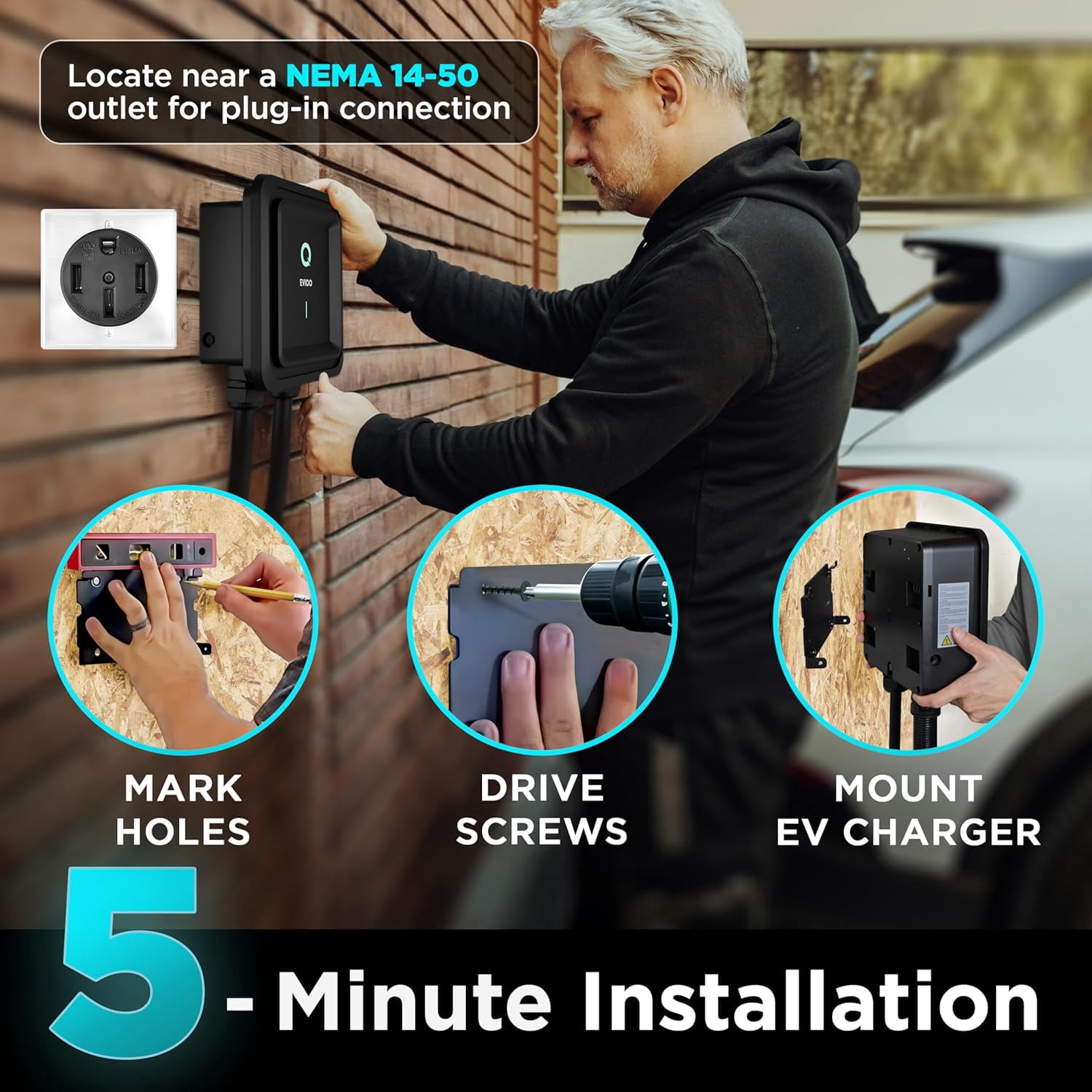 EVIQO Level 2 EV Charger - 48 Amp, NEMA 14-50, 240V J1772, 25' Cord, Certified
