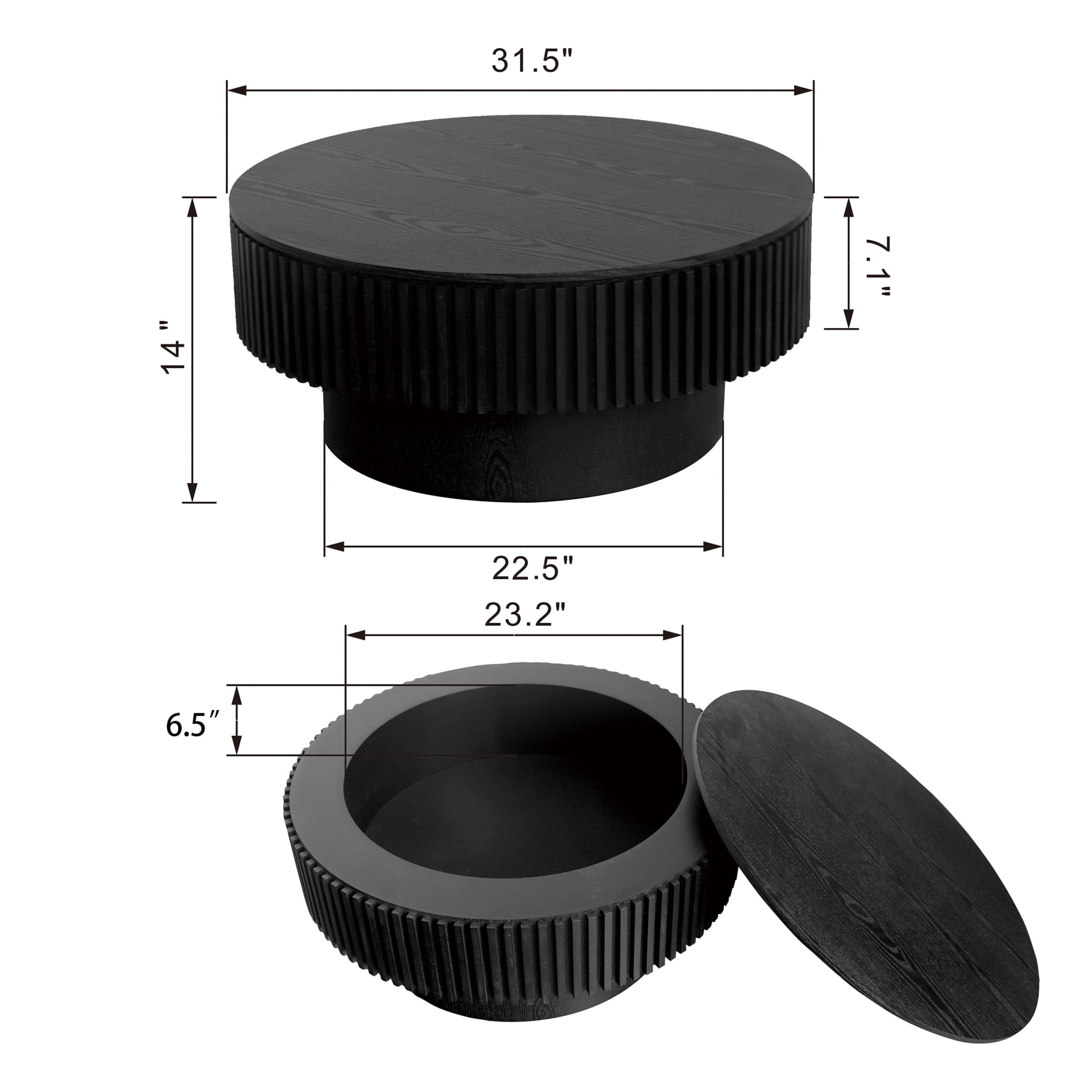 Noble House Leigh 31.5'' Round Modern Coffee Table with Hidden Storage, Solid Wood Veneer, Accent Tea Table, Black
