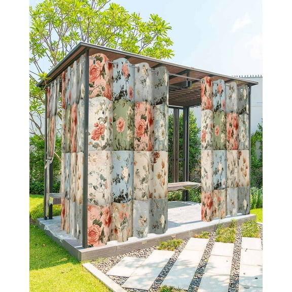 Outdoor Curtains for Patio, Spring Floral Waterproof Blackout Outside Curtain for Porch/Pergola/Gazebo, Elegant Checkered Summer Botanical Farmhouse Thermal Insulated Drapes, 2 Panels, 54 x 84 Inch