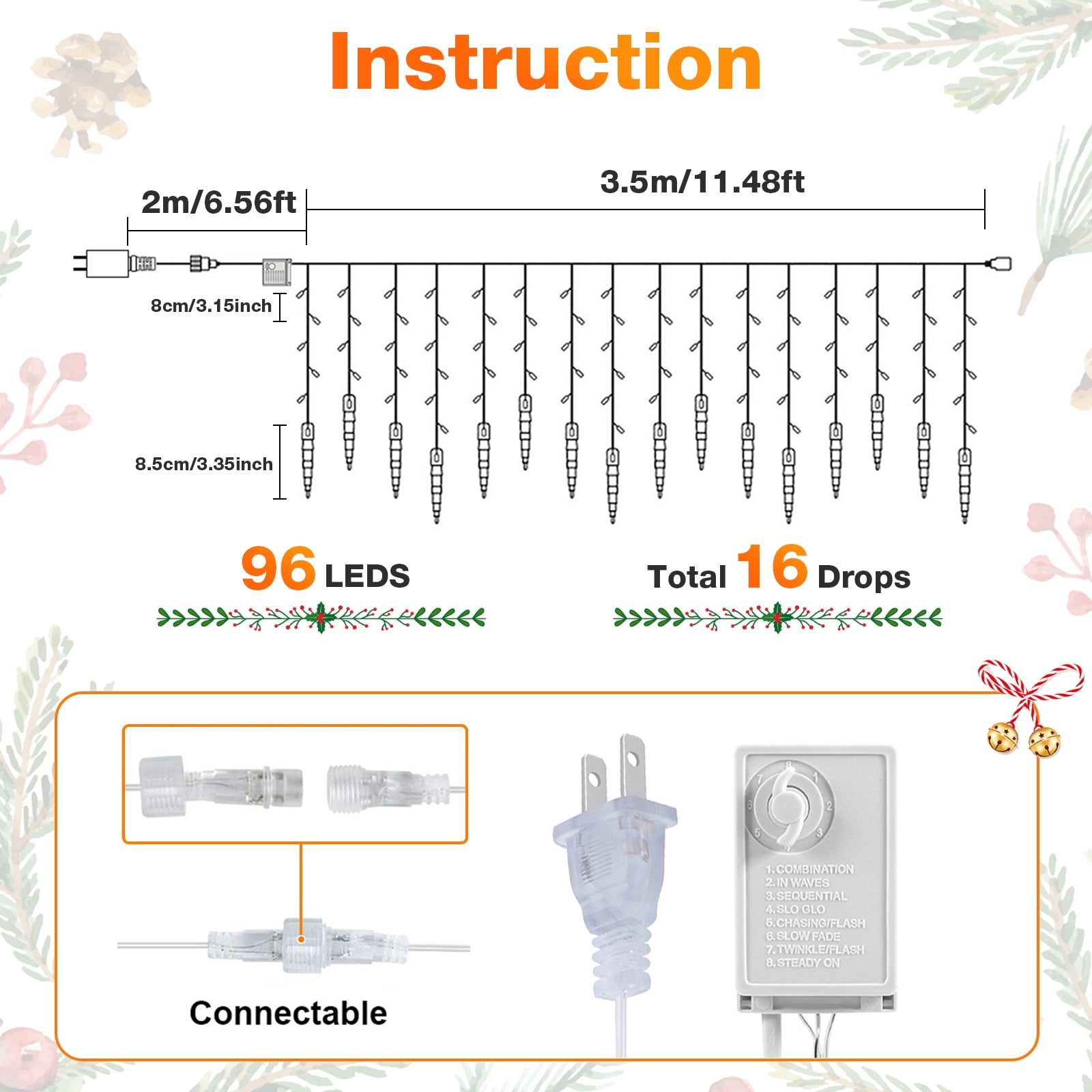DONGPAI Christmas Icicle Lights, 11.5Ft 96 LED 8 Modes Icicle String Lights with 16 Drops Window Curtain Fairy Lights Outdoor Indoor for Christmas Wedding Holiday Decor