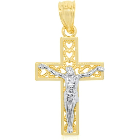Floreo 10k Yellow Gold Diamond Cut Heart Crucifix of Jesus Cross Religious Pendant