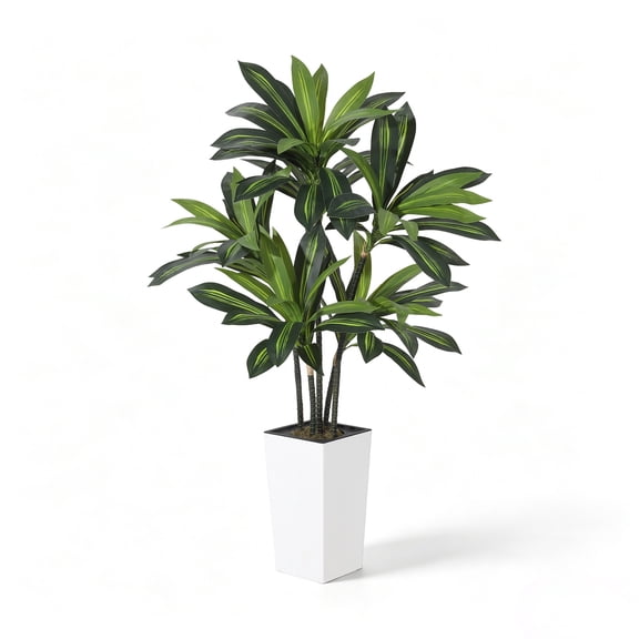 Artificial Dracaena Tree 5FT with White Tall Planter – Lifelike Faux Plant for Home Office Decor