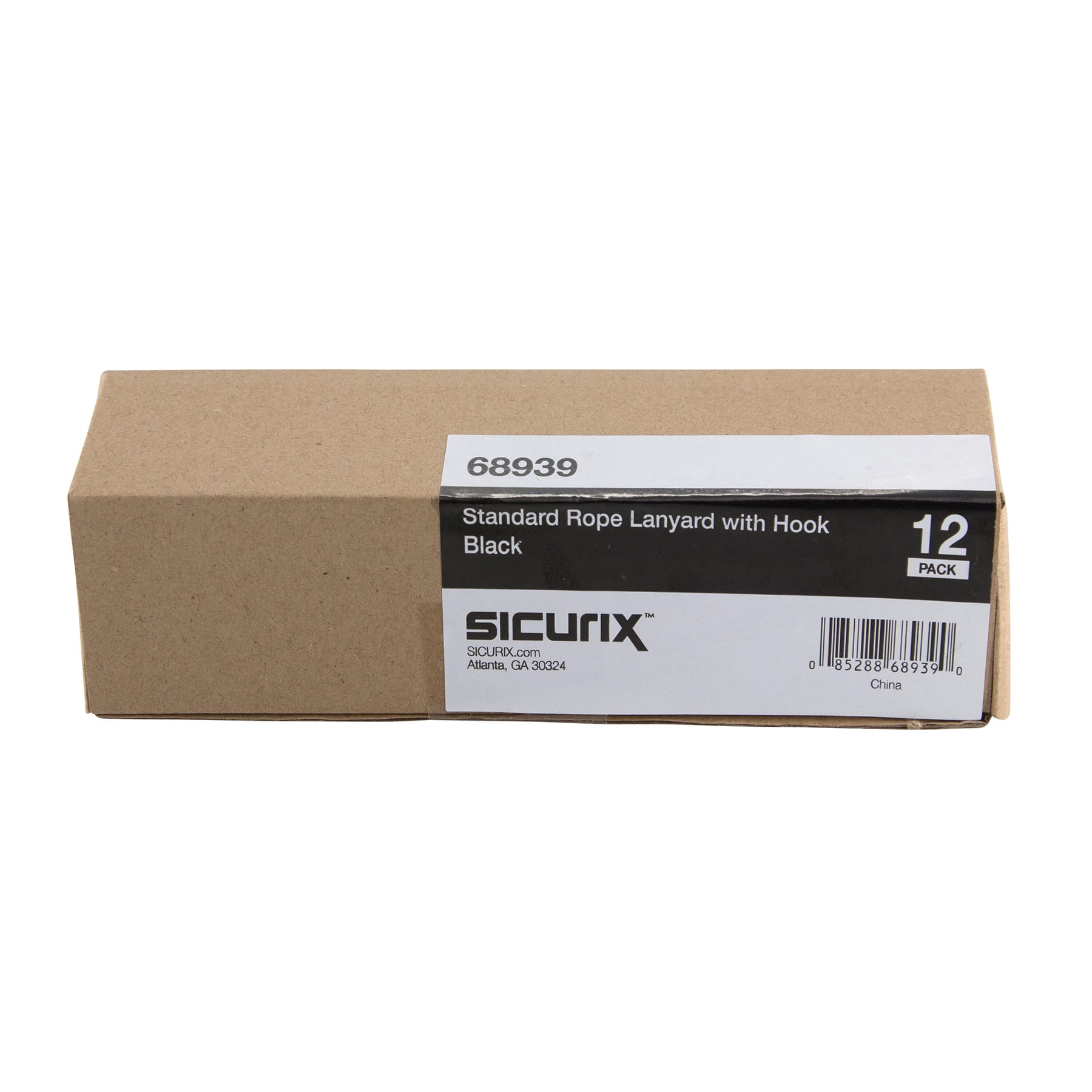 SICURIX Standard Lanyard, Rope Style, J Hook, Black, 12 Per Pack, 3 Packs