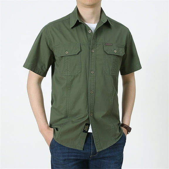 Short Sleeve Work Workwear Men Shirts, Men'S Workwear Short Sleeved Shirts Men'S Casual Loose Cotton Shirts With Pockets For Clothing Green