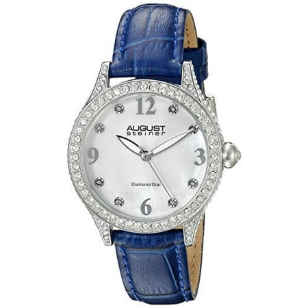 Mother Of Pearl Silver Wrist Watch - Women's AS8188BU Silver Crystal Accented Quartz Watch with White Mother of Pearl Dial and Blue Embossed Leather Bracelet