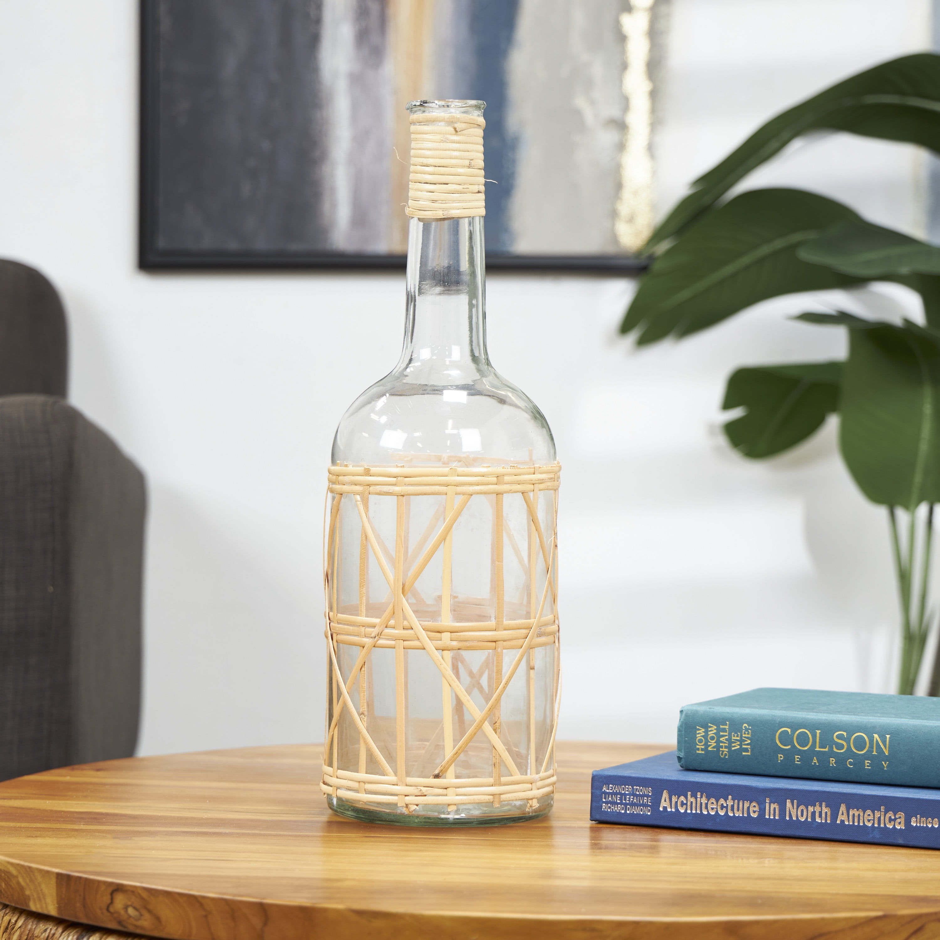 DecMode 19" Handmade Glass Vase with Light Brown Rattan Woven Body and Neck