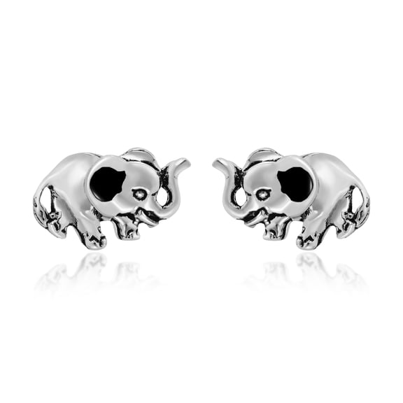 AeraVida Everyday Sterling Silver Mini Elephants Black Enamel Cute Animals Stud Earrings