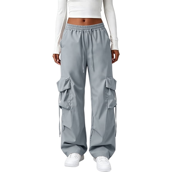 Resicozy Womens Cargo Pants Casual Straight Wide Leg Work Pants Elastic Waisted Lightweight Baggy Hiking Trousers with Pockets Sky Blue 2XL