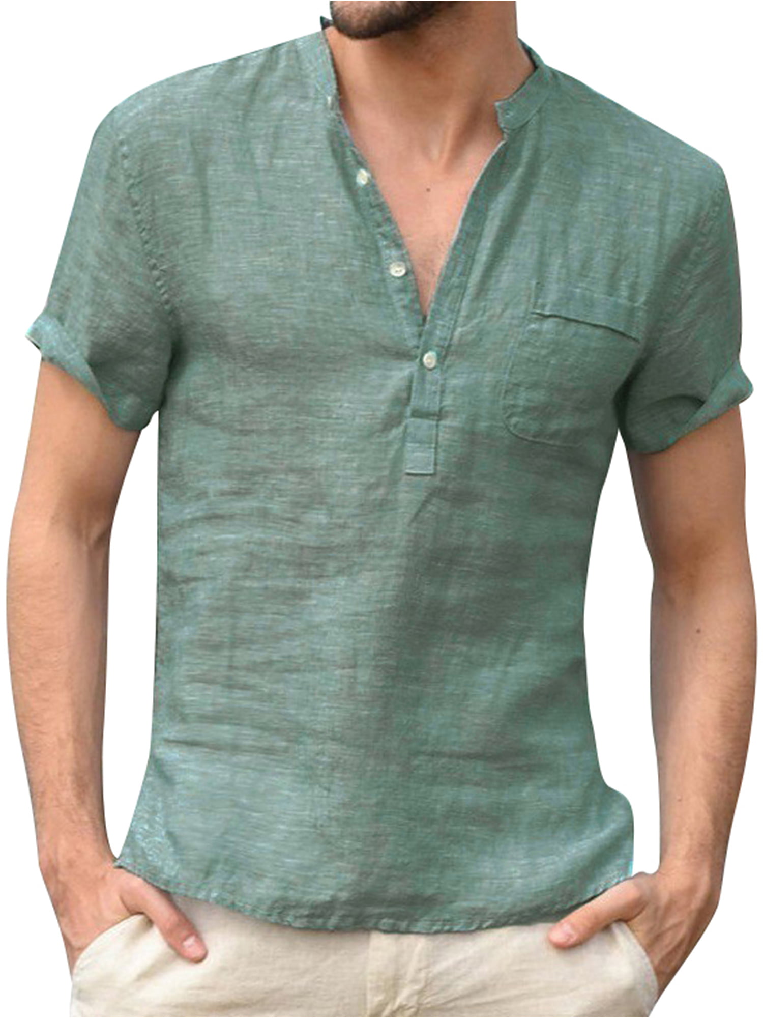 Men Cotton Linen Shirts 3//4 Sleeve 2019 New Casual Collar V Neck Solid Yoga Top Blouse