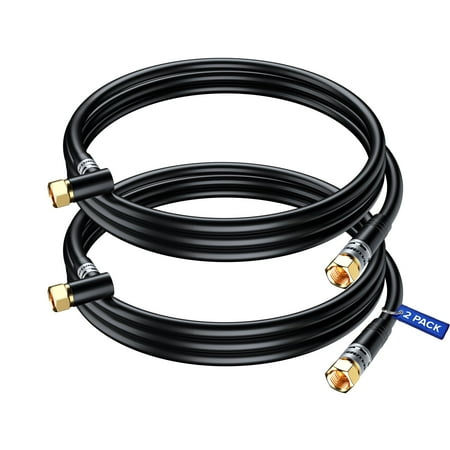 Coaxial Cable RG6 with a Right Angle 90° Connector 2 ft Coax Cable F-Type Triple Shielded Coax Cable 2 Pack (Black)