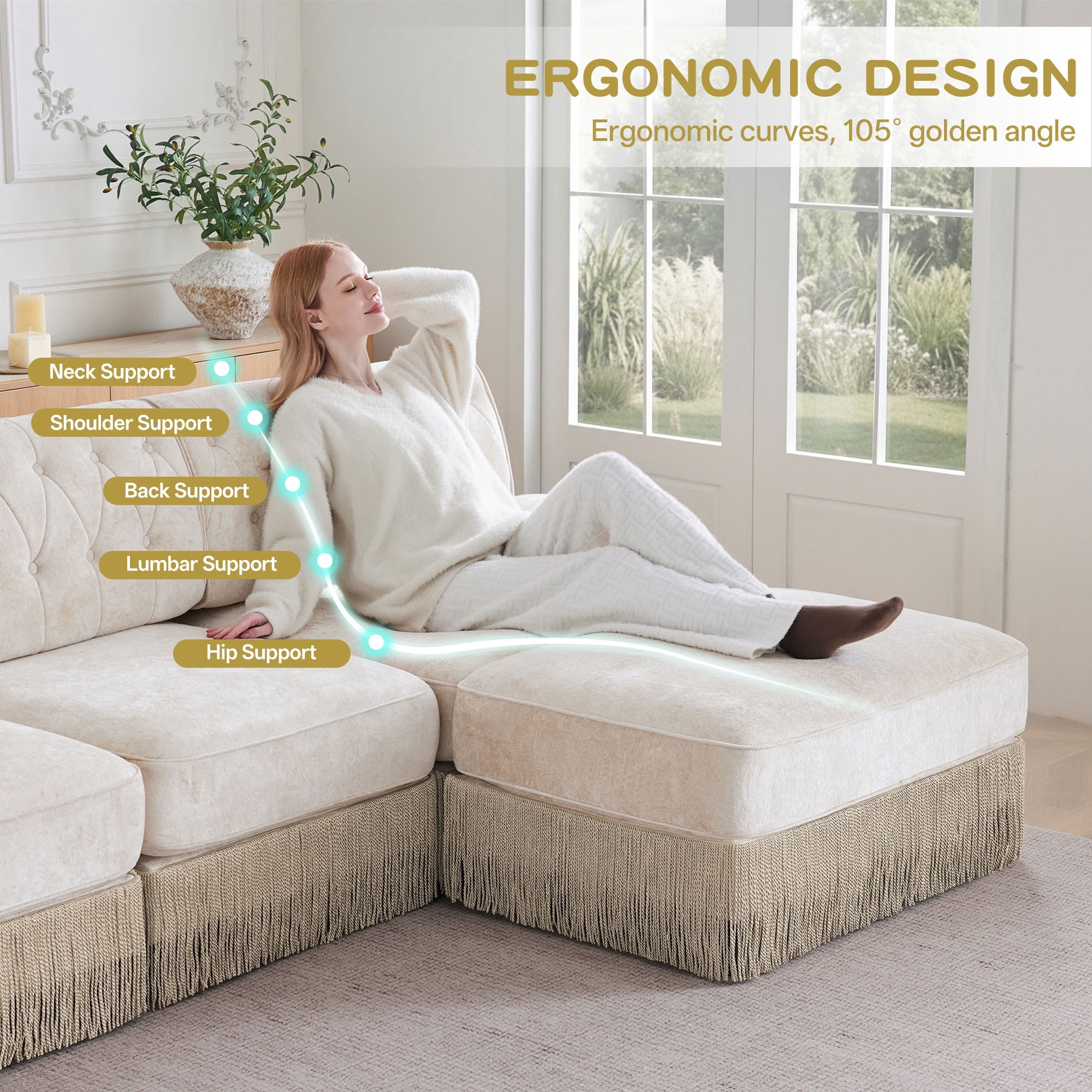 MAYEERTY Modular Tufted Sectional Sofa with Tassel Fringe Skirt, Free Combinable Loveseat Couch for Living Room Bedroom Rest Area