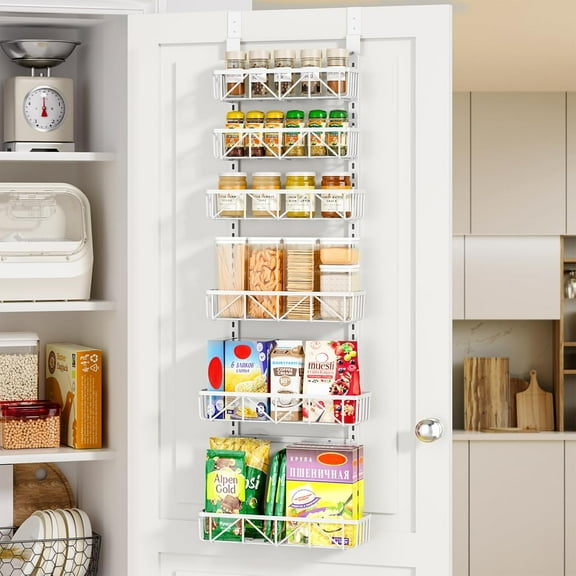 White Narrow 6-Tier Over the Door Pantry Organizer, Adjustable Metal Hanging Spice Rack, Cabinet Door Organizer for Kitchen, Bathroom, Laundry Room, 12.5
