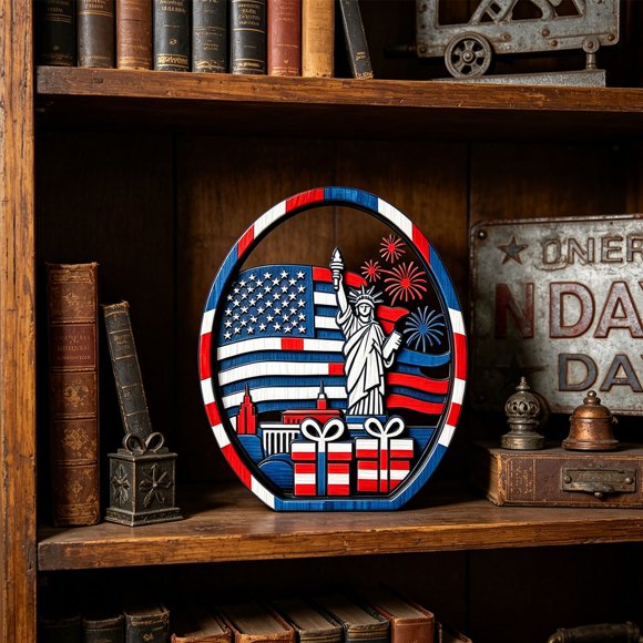 Iumwxz Patriotic Layered Wooden Statue Independence USA Flag Fourth of July Pyrotechnics Decorative Pyro Art Festive Memorial Day Home Office Table Shelf Gift