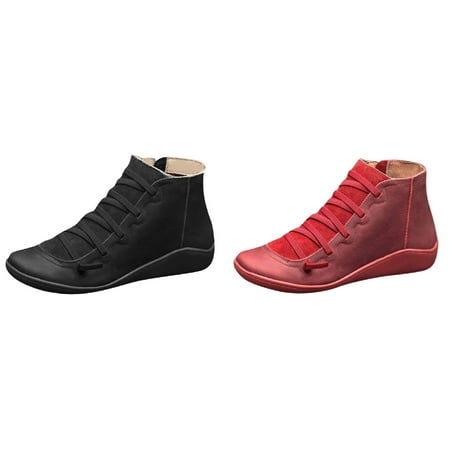 

MOVAWAKY Women Boots Leopard Leather Round Casual Lace-up Women s Boots Shoe Side Toe Flat Zipper Boots Retro women s boots