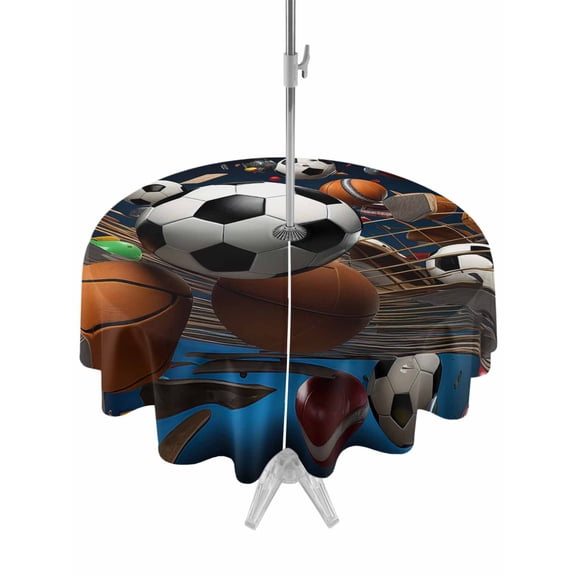 Outdoor Tablecloth with Umbrella Hole and Zipper, Sports Waterproof Patio Tablecloth for Dining Round 54'', Football Basketball Baseball Ball Games Wipeable Table Cover for Picnic BBQ Party Patio