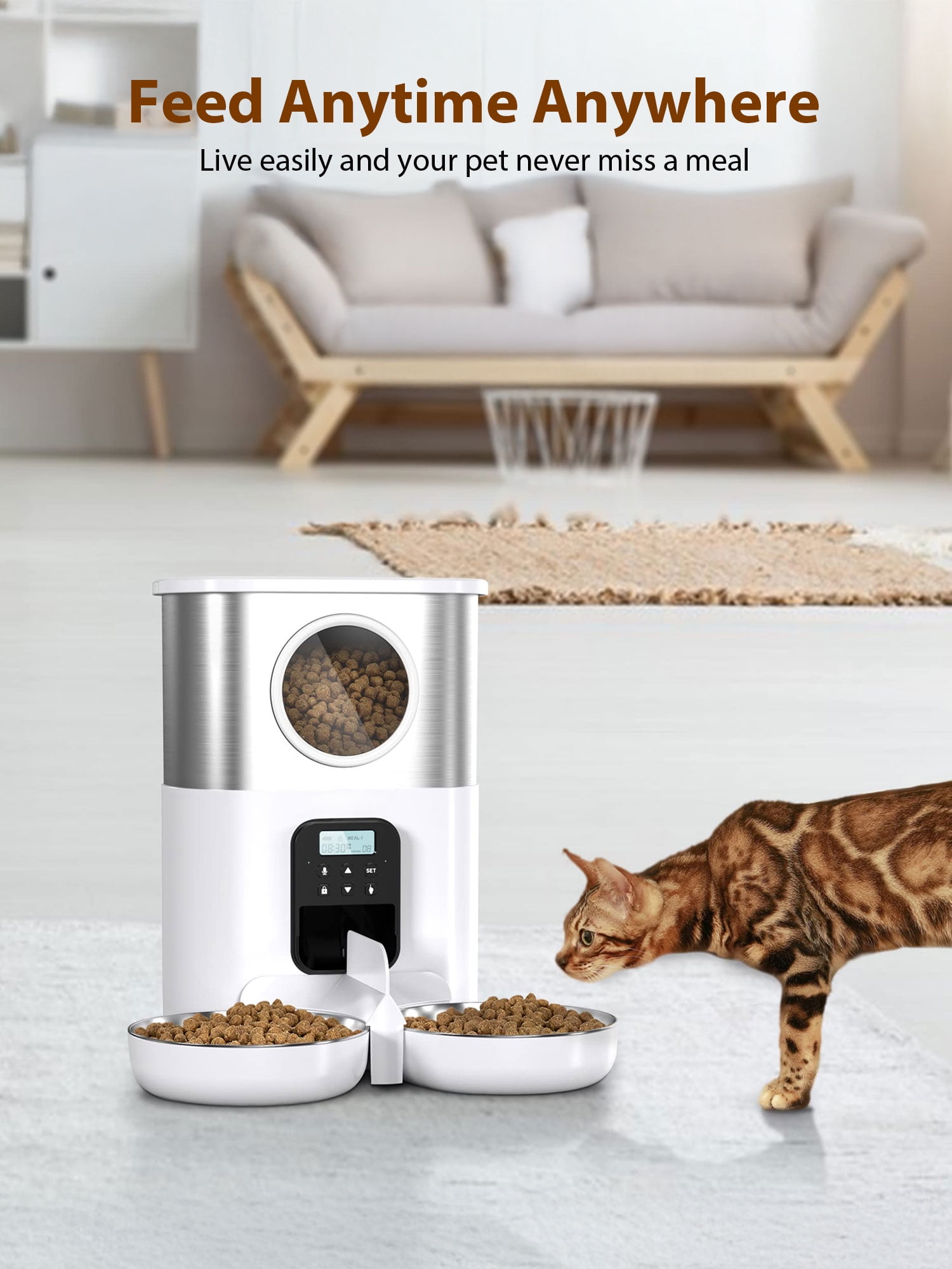 FURCLAN  Automatic Cat Feeder for 2 Cats, 5L Cat Automatic Feeder with Timer, Voice Function and 2 Stainless Steel Bowls for Cats and Small Pets, White
