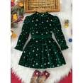 thumbnail image 4 of FAOWME Big Kids Girls Plush Dress Long Sleeve Star Print Ruffle Hem Bow Tie Belt Stylish Elegant Dresses For Autumn Winter Holiday Party Green 7-8 Years, 4 of 8