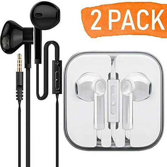2-Pack Premium Earphones/Earbuds/Headphones with Stereo Mic&Remote Control Compatible for iPhone iPad iPod Samsung Galaxy and More Nexus Android Smartphones - White   Black