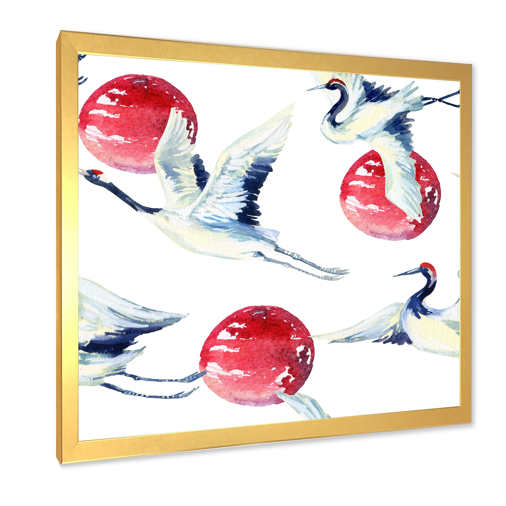 Designart 'Red Full Moon With Asian Crane Bird' Traditional Framed Art Print
