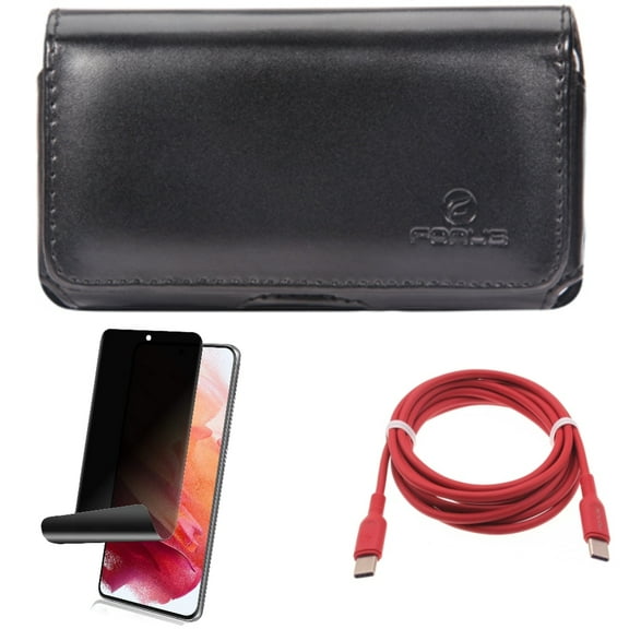 Red 6ft Long Cable & Privacy Screen Protector & Case Belt Clip for Samsung Galaxy S22 (6.1") - USB-C to Type-C PD Fast Charger & TPU Film Fingerprint Works & Leather Swivel Accessory Bundle
