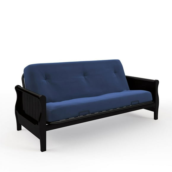 8 Inch Full Poly Futon Mattress with Full Size Espresso Wood Arm Futon Frame, Blue