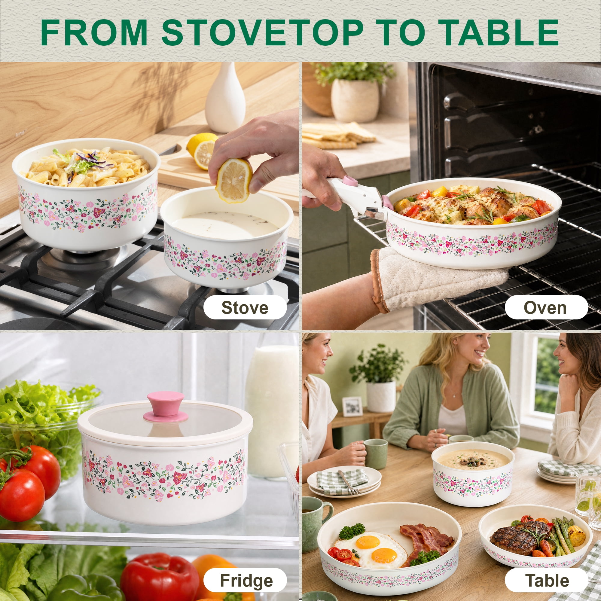 Chef Power 14pcs Nonstick Ceramic Cookware Set, Cream White Bougainvillea Print