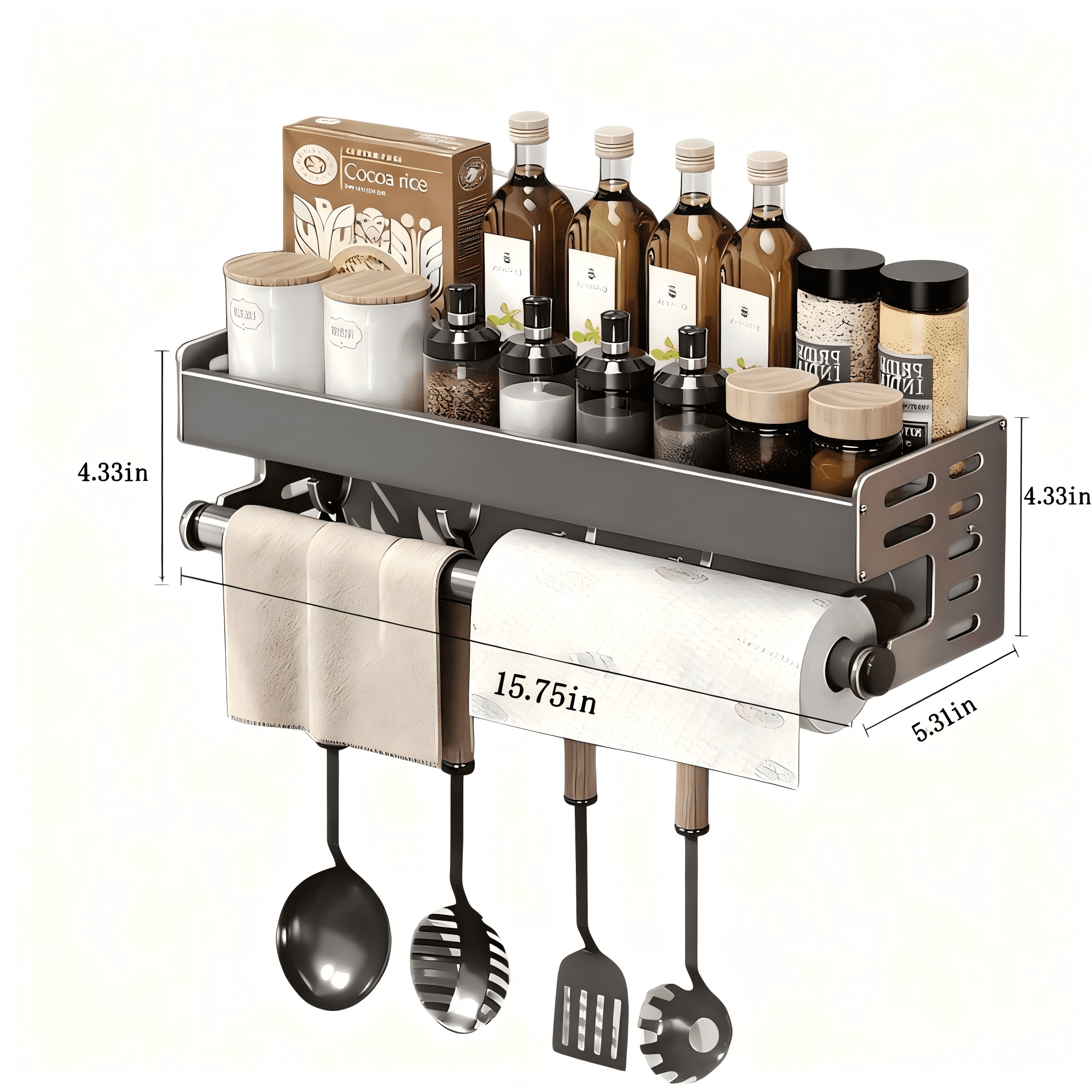 Mnplciea  Spice Rack Wall Mount with Paper Towel Holder and Hooks,  Hanging Spice Organizer for Seasonings, for Kitchen, Balcony, Bathroom, Laundry Room
