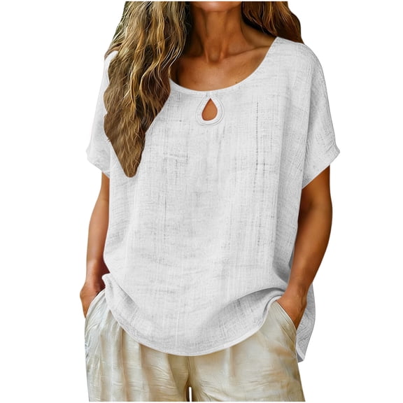 CYMMPU Women's Summer Solid Color Crew Neck Faux Linen Batwing Top, Loose Short Sleeve Casual Lightweight Blouse White L
