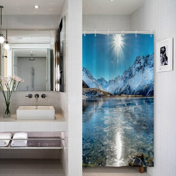 Snow Moutain Lake Bath Curtains Shower with Hooks Nature View Winter Bathroom Shower Curtain Set 36x72 Inch Sunshine Frozen River Decorative Bath Set Waterproof Fabric Bath Curtain with Hooks