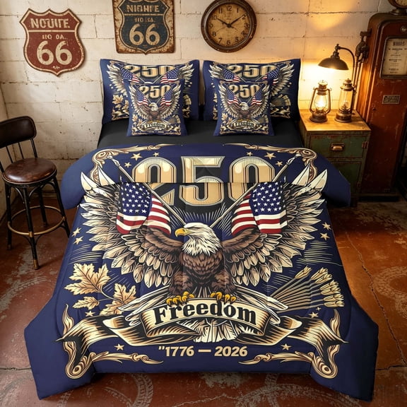 Manfei Bald Eagle Twin Bedding, 250 Freedom 1776-2026 Print Bedding Comforter Set, Ornate Navy Gold, Black Reversible 7 Pieces