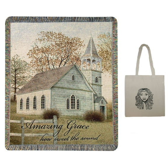 Amazing Grace - Church Scene 50" x 60" Inspirational Tapestry Throw Blanket & Angel Tote, Friendship, Sympathy, Memorial, Bereavement