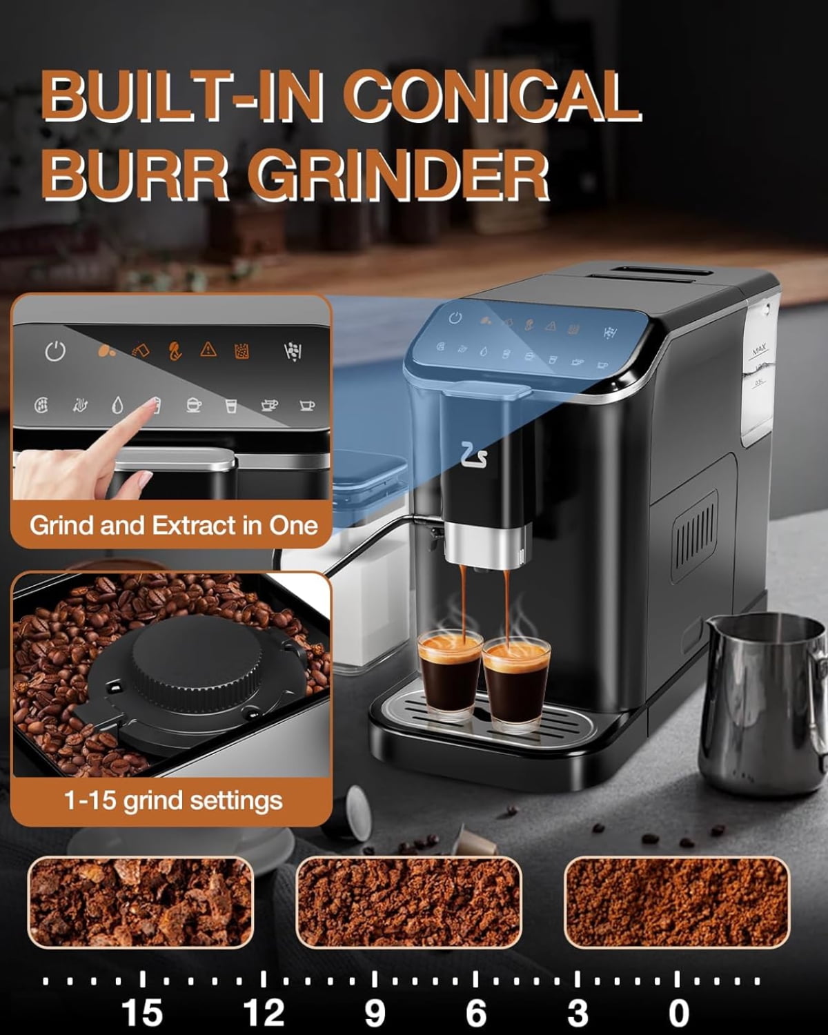 Garvee Professional Automatic Espresso Machine, 20 Bar Coffee Machine with Automatic Milk Frother, 1-15 Adjustable Grind for Home, Black